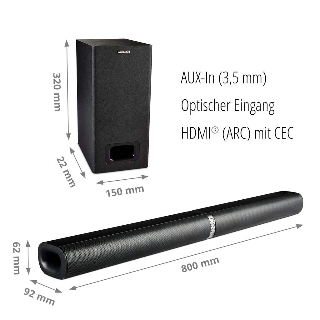 MEDION P61220 2in1 Convertible Bluetooth TV Soundbar Mit Subwoofer (2.1 Soundbar, 2 X 30 Watt, 60 Watt Subwoofer, Wandmontage, NFC, HDMI ARC Mit ECC, AUX, Optischer Eingang) – Bild 7