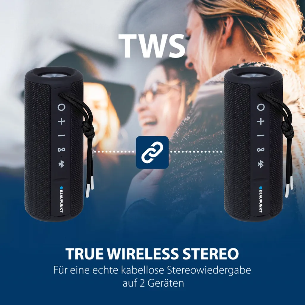 Blaupunkt Bluetooth Lautsprecher Mit TWS | BT 202+ Schwarz, True Wireless Stereo, IPX6 Wasserschutz, Outdoor, Starker Akku, Kompakt, Robust, Mit Lichteffekten – Bild 5