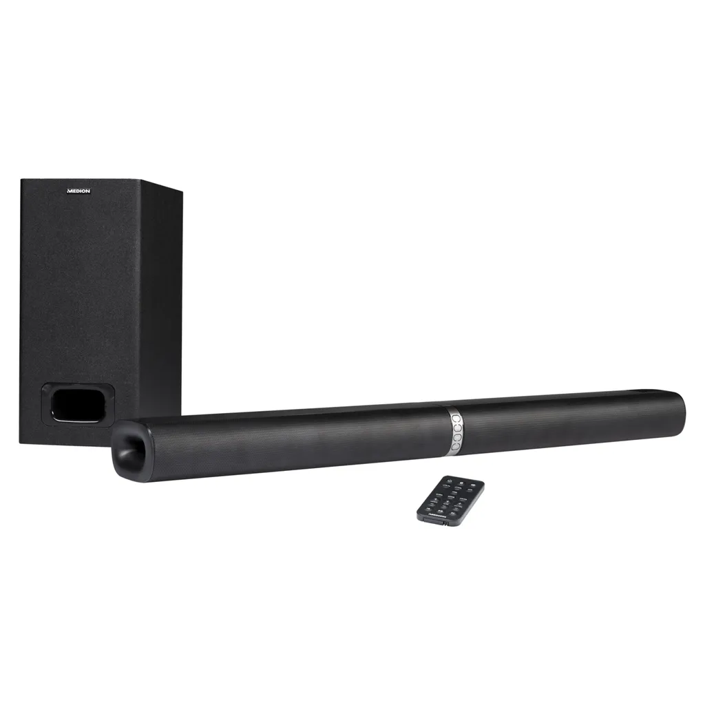 MEDION P61220 2in1 Convertible Bluetooth TV Soundbar Mit Subwoofer (2.1 Soundbar, 2 X 30 Watt, 60 Watt Subwoofer, Wandmontage, NFC, HDMI ARC Mit ECC, AUX, Optischer Eingang)