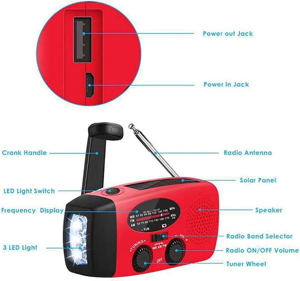 Solar Radio, Multifunktion Tragbares Outdoor Radio Kurbelradio Mit AM/FM Wetter Radio, Notfall SOS Alarm (Rot) – Bild 2