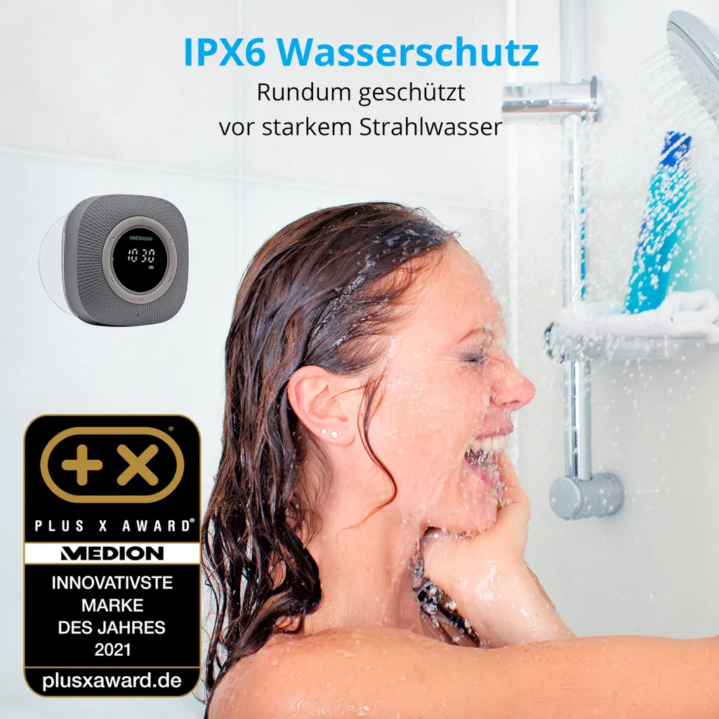 MEDION P66096 Duschradio Mit Bluetooth (Badradio, UKW Radio, Saugnapf, LED-Display, IPX6 Wasserdicht, Integrierter Akku) Grau – Bild 2