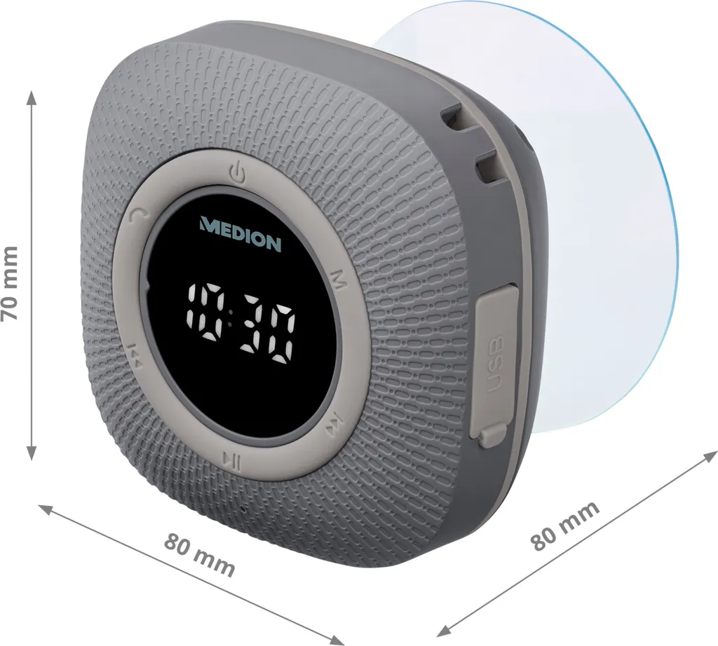MEDION P66096 Duschradio Mit Bluetooth (Badradio, UKW Radio, Saugnapf, LED-Display, IPX6 Wasserdicht, Integrierter Akku) Grau – Bild 8
