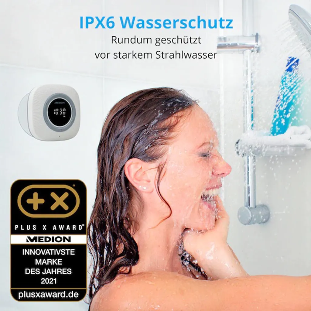 MEDION Akku Bluetooth Duschradio Mit LED-Display Und Saugnapf Badradio Wasserfest Dusch Radio Lautsprecher IPX6 – Bild 2