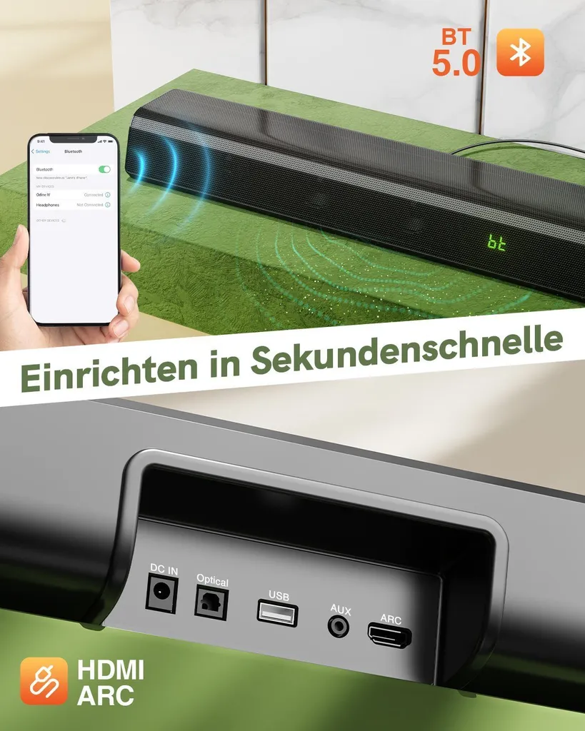 Bomaker Soundbar Für TV Geräte, 2.0 HDMI ARC Soundbar, 110 DB 37 Zoll Lautsprecher, Bluetooth 5.0 TV Stereo Sound DSP 120 Watt Mit AUX, USB, HDMI, Optischer Anschluss Schwarz – Bild 6