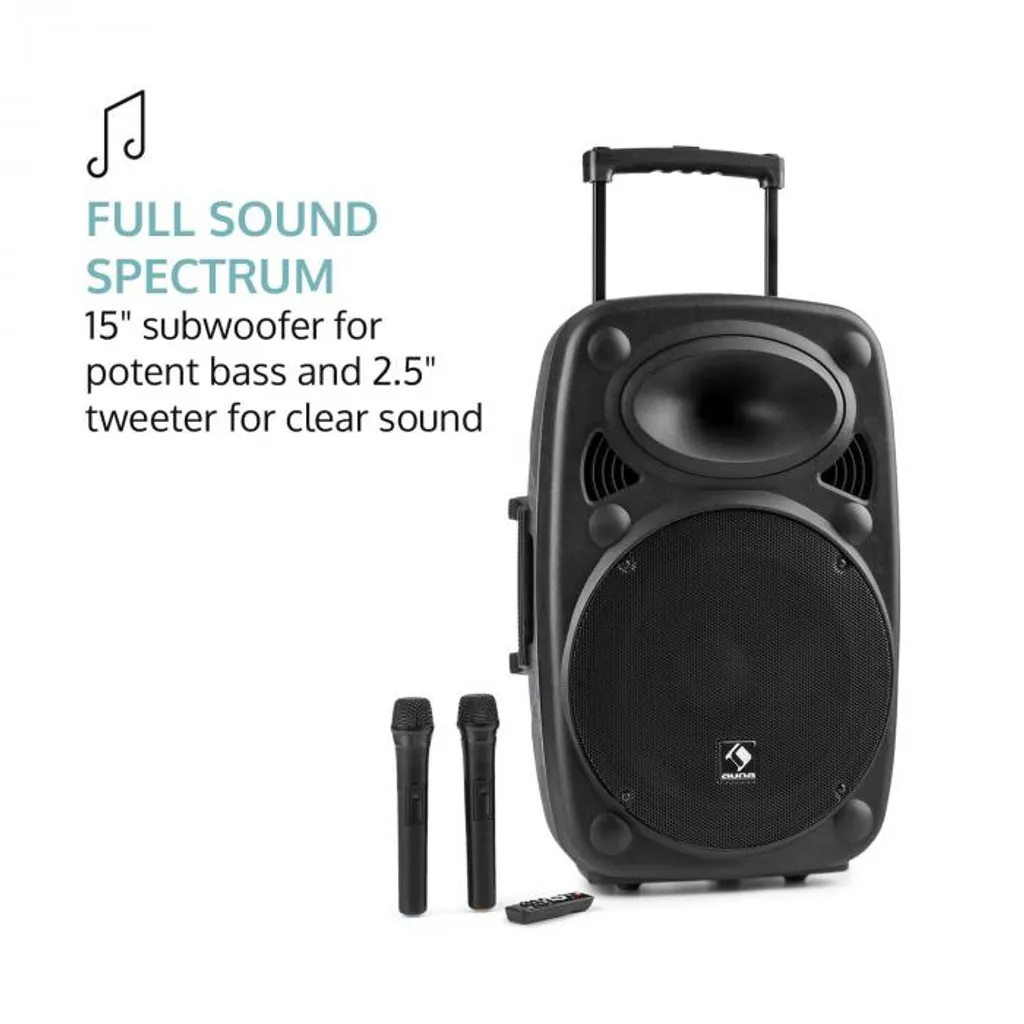 Streetstar 2.0 15 Mobile PA-Anlage 15" Subwoofer Trolley Display BT USB/SD/MP3 Line-Out AUX 2xUHF-Funkmikrofone Fernbedienung 1000 Watt Max. – Bild 5