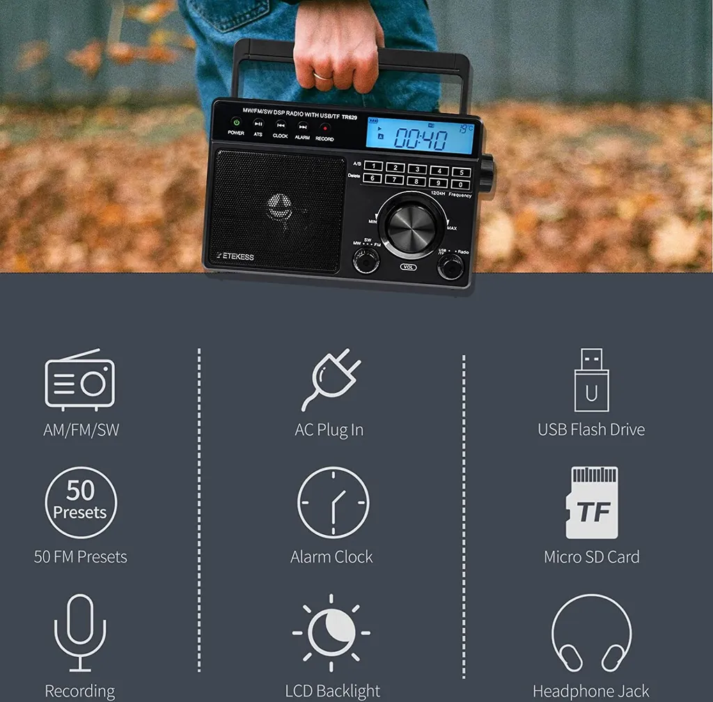 Retekess TR629 Tragbares Radio, AM FM SW Weltempfänger Notfallradiomit DSP, Unterstützt U Disk/SD-Karte, Uhr, Wecker, Radio Batteriebetrieben, Geschenk Für Ältere Menschen – Bild 4