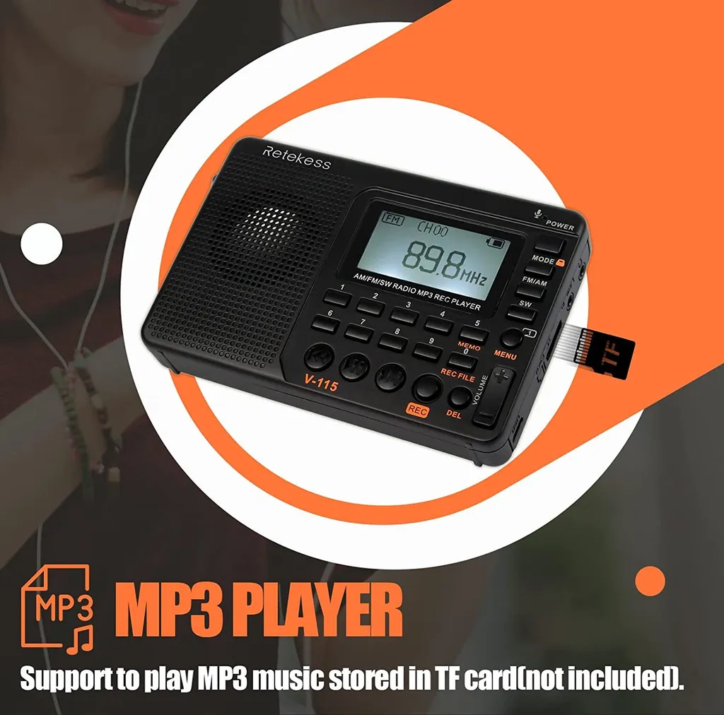 Retekess V115 Weltempfänger Batteriebetrieben, Taschenradio Mit Batterie, UKW FM AM SW Transistor, Recorder Mit MP3, Sleeptimer Für Küche, Outdoor (Schwarz) – Bild 5