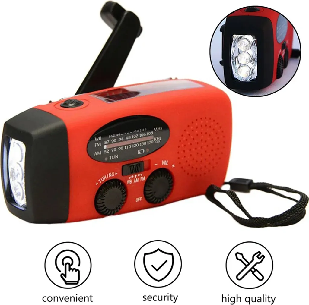 Solar Radio, Multifunktion Tragbares Outdoor Radio Kurbelradio Mit AM/FM Wetter Radio, Notfall SOS Alarm (Rot)
