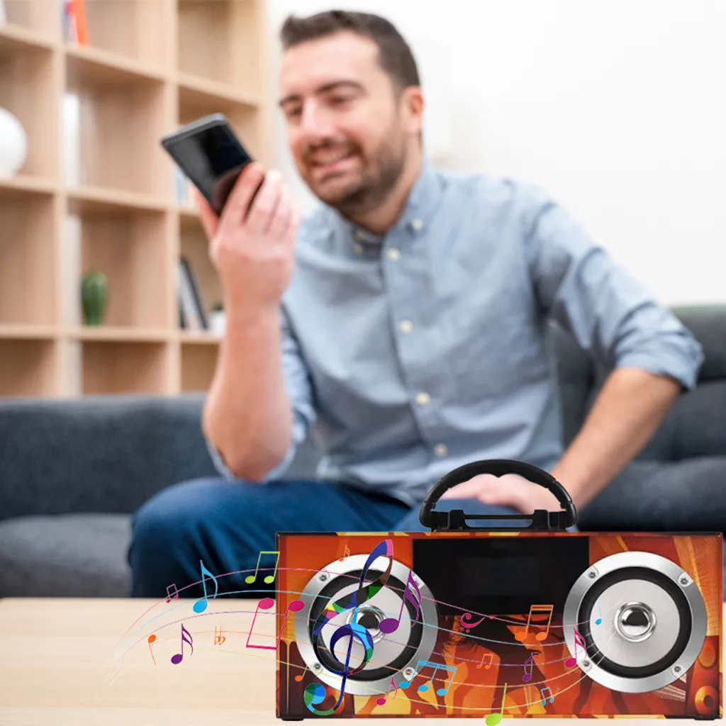 Bluetooth Lautsprecher Smart Speaker Stereo Bass Akku Led Kabelloser Tragbarer Boombox Party Disco TF SD Wireless Musikbox BT 5.0 Funk FM Radio Orange Retoo – Bild 6