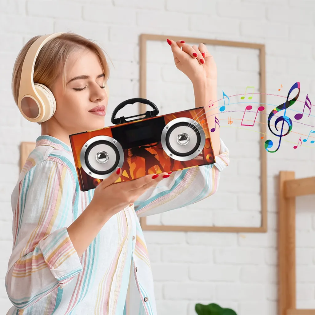 Bluetooth Lautsprecher Smart Speaker Stereo Bass Akku Led Kabelloser Tragbarer Boombox Party Disco TF SD Wireless Musikbox BT 5.0 Funk FM Radio Orange Retoo – Bild 11