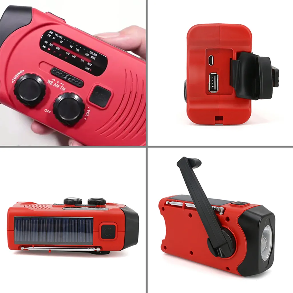 Tragbares Solarbetriebenes Notfallradio Mit Handkurbel, AM/FM/WB Radio, 2000 MAh Akku, USB Ladegerät.Rot – Bild 2