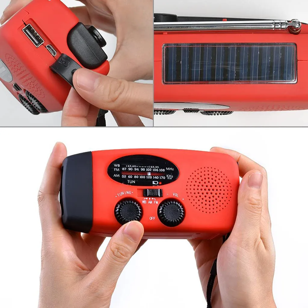 Solar Radio, Multifunktion Tragbares Outdoor Radio Kurbelradio Mit AM/FM Wetter Radio, Notfall SOS Alarm (Rot) – Bild 3