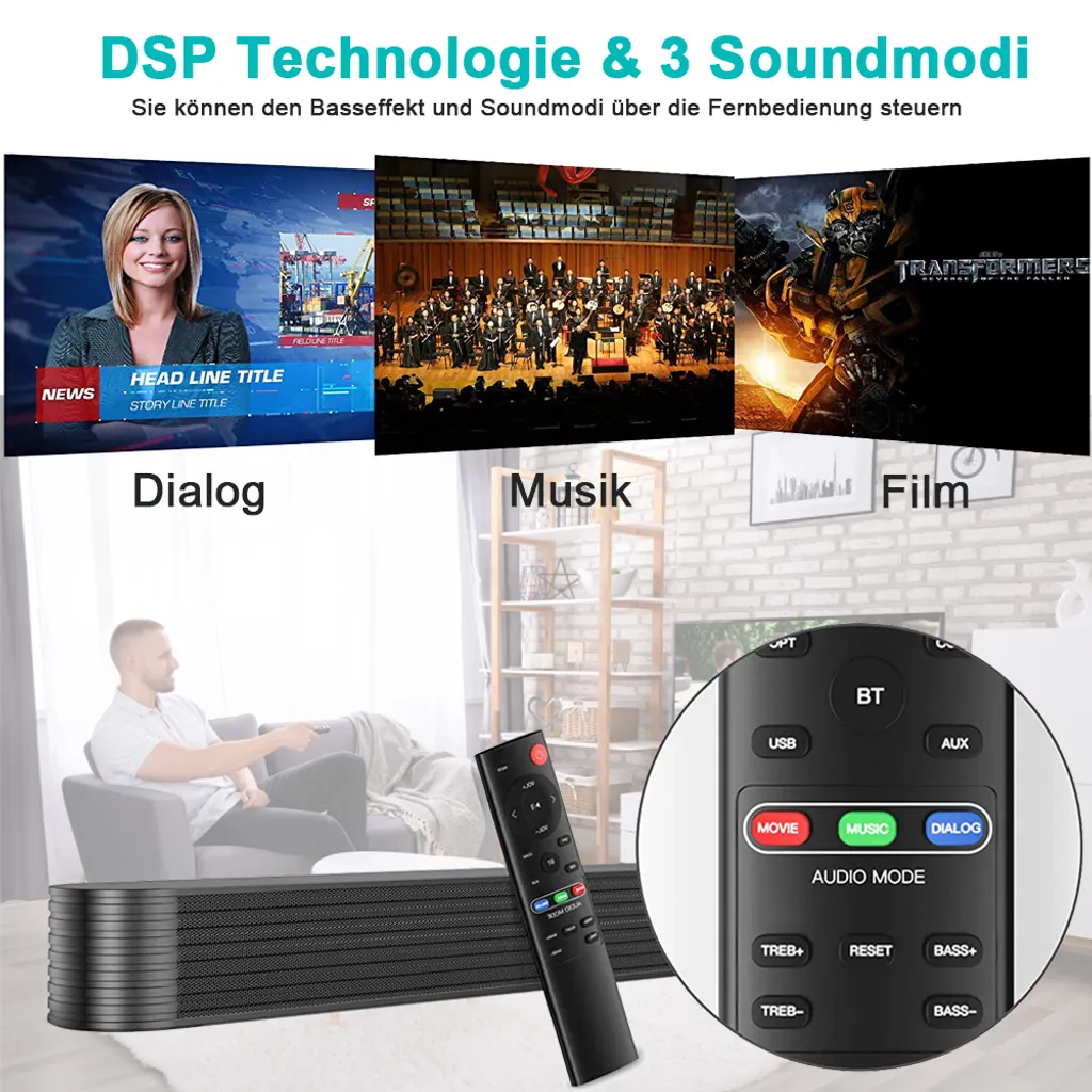 Soundbar Für TV Gerät Soundbar Eingebaute Bass, 80W 34zoll Bluetooth 5.0 Lautsprecher, Mit Fernbedienung Touchscreen, Optical Aux RCA USB Anschluss Für Heimkino Party – Bild 4