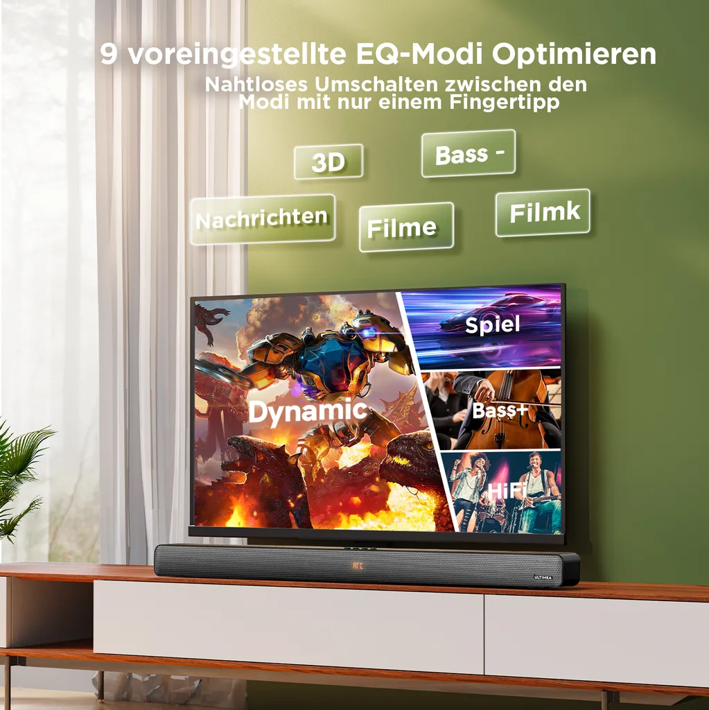Ultimea Odine IV 2.0 Soundbar,100 W Heimkino Soundbarsystem,Bluetooth Soundbar Für Heimkino Soundsystem, TV Lautsprecher Mit 9 EQ/DSP/einstellbare Bass, HDMI ARC/Optisch/AUX/USB – Bild 3