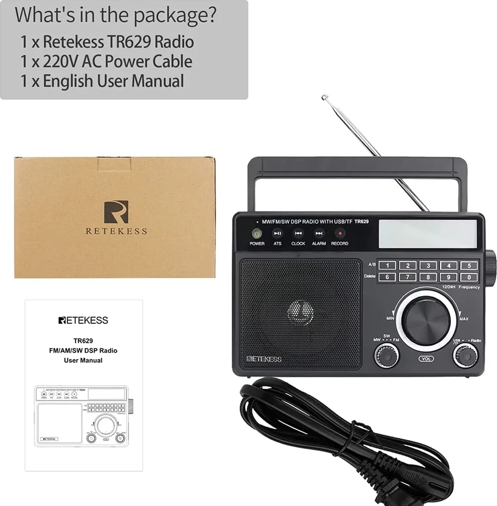 Retekess TR629 Tragbares Radio, AM FM SW Weltempfänger Notfallradiomit DSP, Unterstützt U Disk/SD-Karte, Uhr, Wecker, Radio Batteriebetrieben, Geschenk Für Ältere Menschen – Bild 7