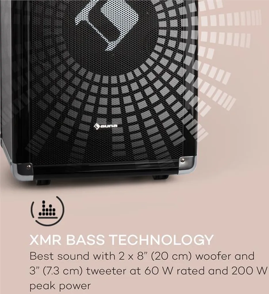 Moving 120 PA-Anlage 2x8" Woofer 60/200 Wmax. VHF-Mikro USB SD BT AUX Mobil – Bild 4