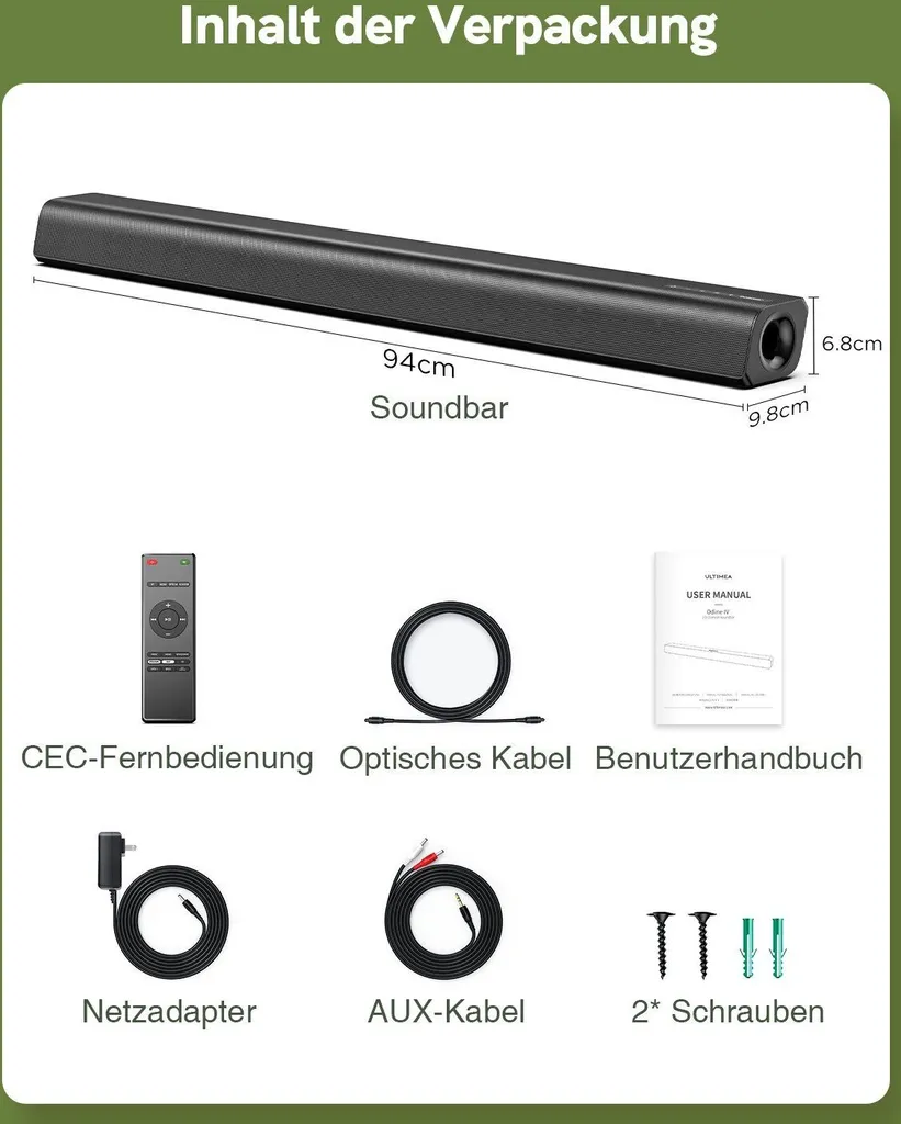 Bomaker Soundbar Für TV Geräte, 2.0 HDMI ARC Soundbar, 110 DB 37 Zoll Lautsprecher, Bluetooth 5.0 TV Stereo Sound DSP 120 Watt Mit AUX, USB, HDMI, Optischer Anschluss Schwarz – Bild 7