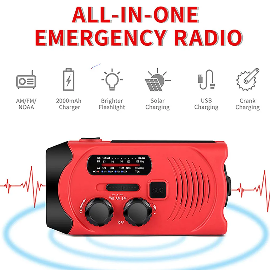 Tragbares Solarbetriebenes Notfallradio Mit Handkurbel, AM/FM/WB Radio, 2000 MAh Akku, USB Ladegerät.Rot – Bild 6