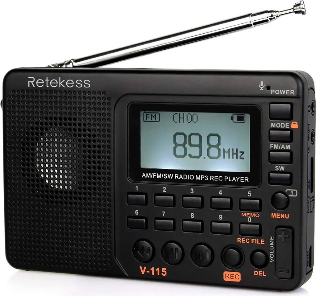 Retekess V115 Weltempfänger Batteriebetrieben, Taschenradio Mit Batterie, UKW FM AM SW Transistor, Recorder Mit MP3, Sleeptimer Für Küche, Outdoor (Schwarz)