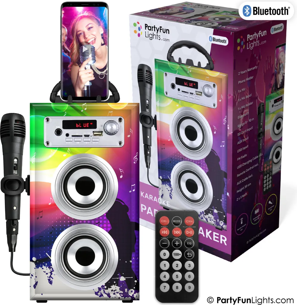 PartyFunLights Bluetooth Karaoke-Party-Lautsprecher - Mikrofon - Fernbedienung