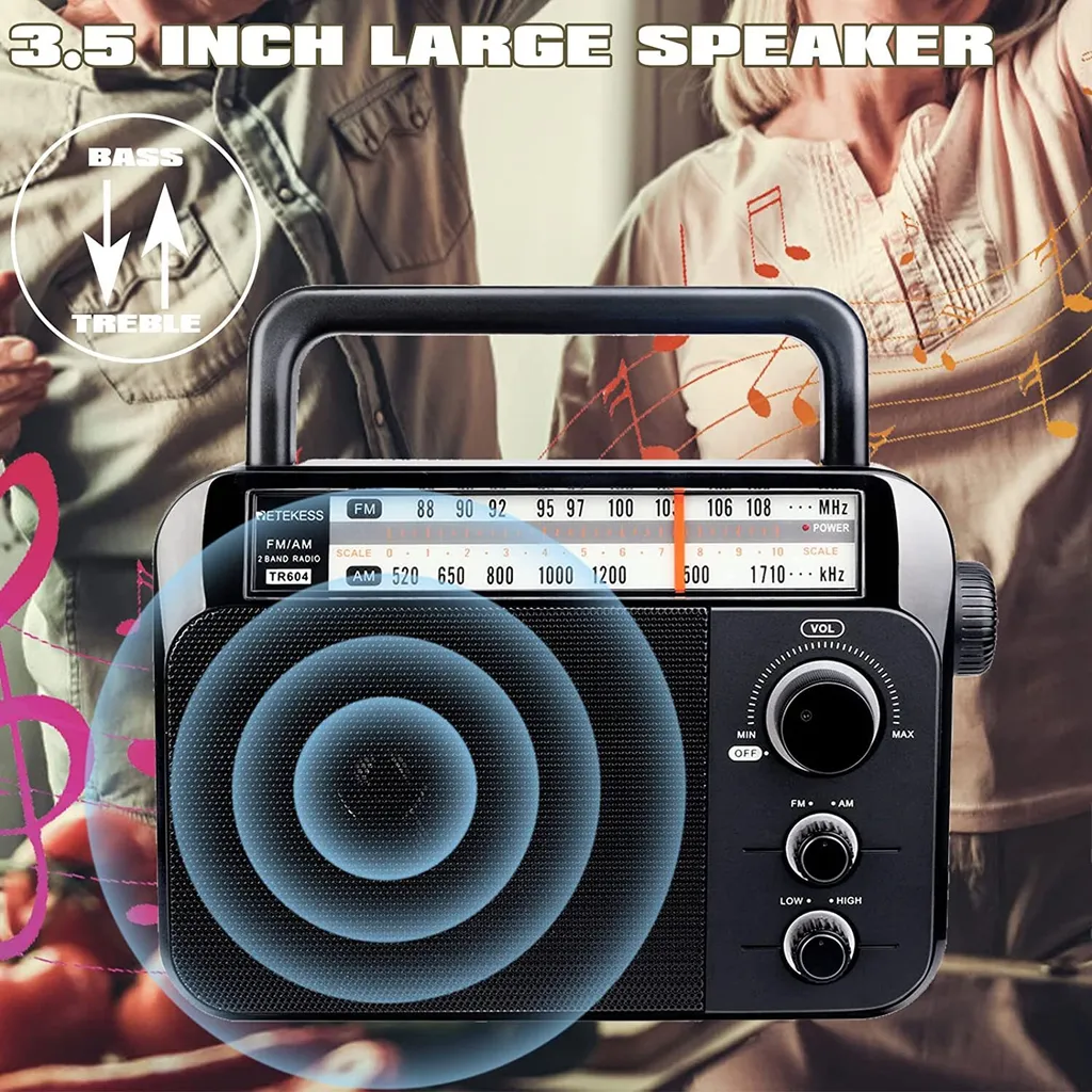 Retekess TR604 Tragbares Radio Kofferradio, FM AM Radio Mit Großer Lautsprecherunterstützung, Radio Batteriebetrieben Mit Alkaline-Batterie Oder Wechselstrom Einfach Zu Bedienen Für Ältere Mensche – Bild 4