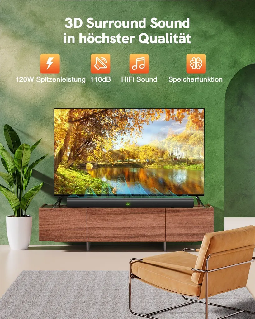 BOMAKER ®Soundbar 2.0 HDMI ARC 110 DB 37 Zoll Lautsprecher Für TV Gerte Bluetooth 5.0 TV Stereo Sound DSP 120 Watt Mit AUX,USB,HDMI,Optischer Anschluss Schwarz-ODINE Ⅲ – Bild 2