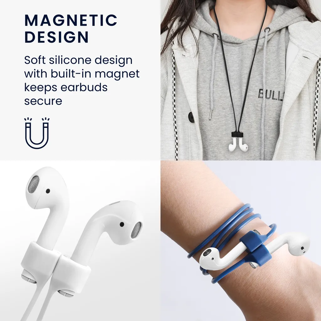 Kwmobile Halteband Set Magnetisch Kompatibel Mit Apple Airpods 1 / 2 / 3 / Pro 1 / Pro 2 Headphones - 2x Kopfhörer Halter Band Strap In Weiß Dunkelblau - – Bild 3