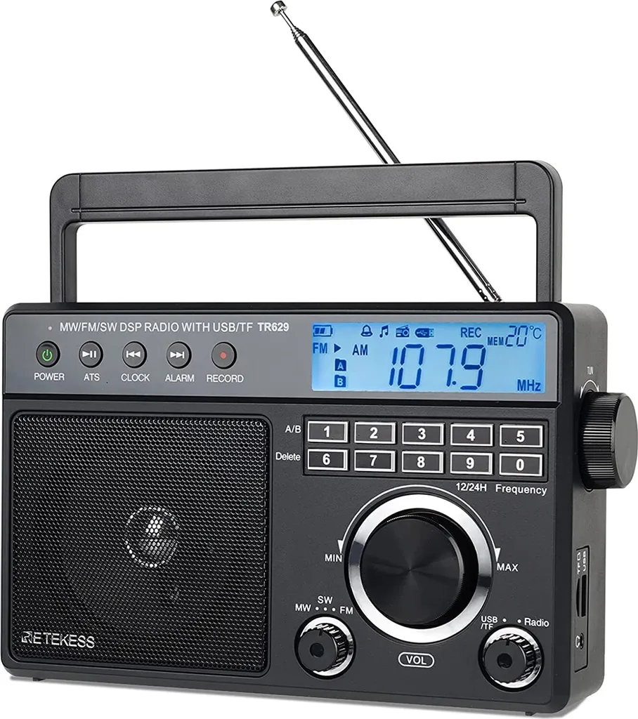 Retekess TR629 Tragbares Radio, AM FM SW Weltempfänger Notfallradiomit DSP, Unterstützt U Disk/SD-Karte, Uhr, Wecker, Radio Batteriebetrieben, Geschenk Für Ältere Menschen