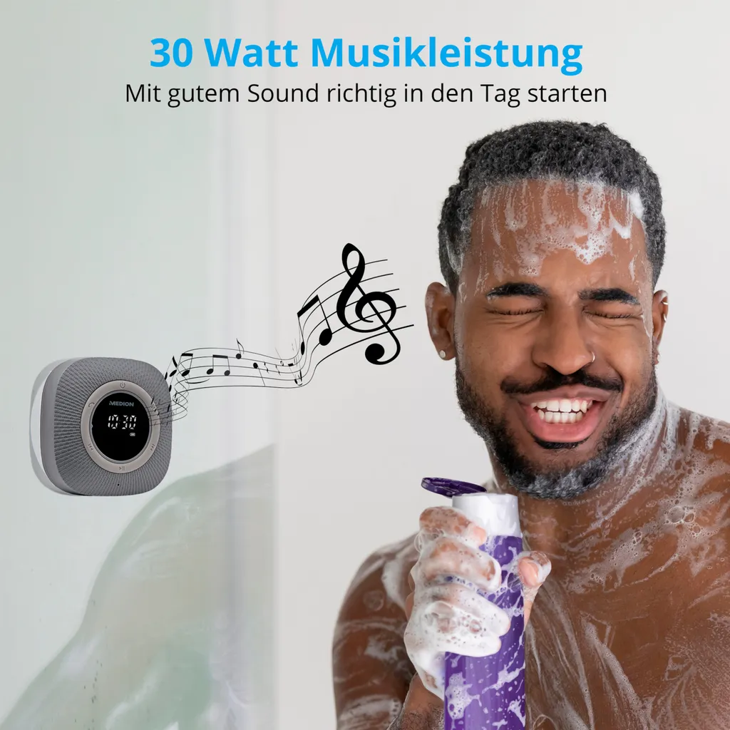 MEDION P66096 Duschradio Mit Bluetooth (Badradio, UKW Radio, Saugnapf, LED-Display, IPX6 Wasserdicht, Integrierter Akku) Grau – Bild 7