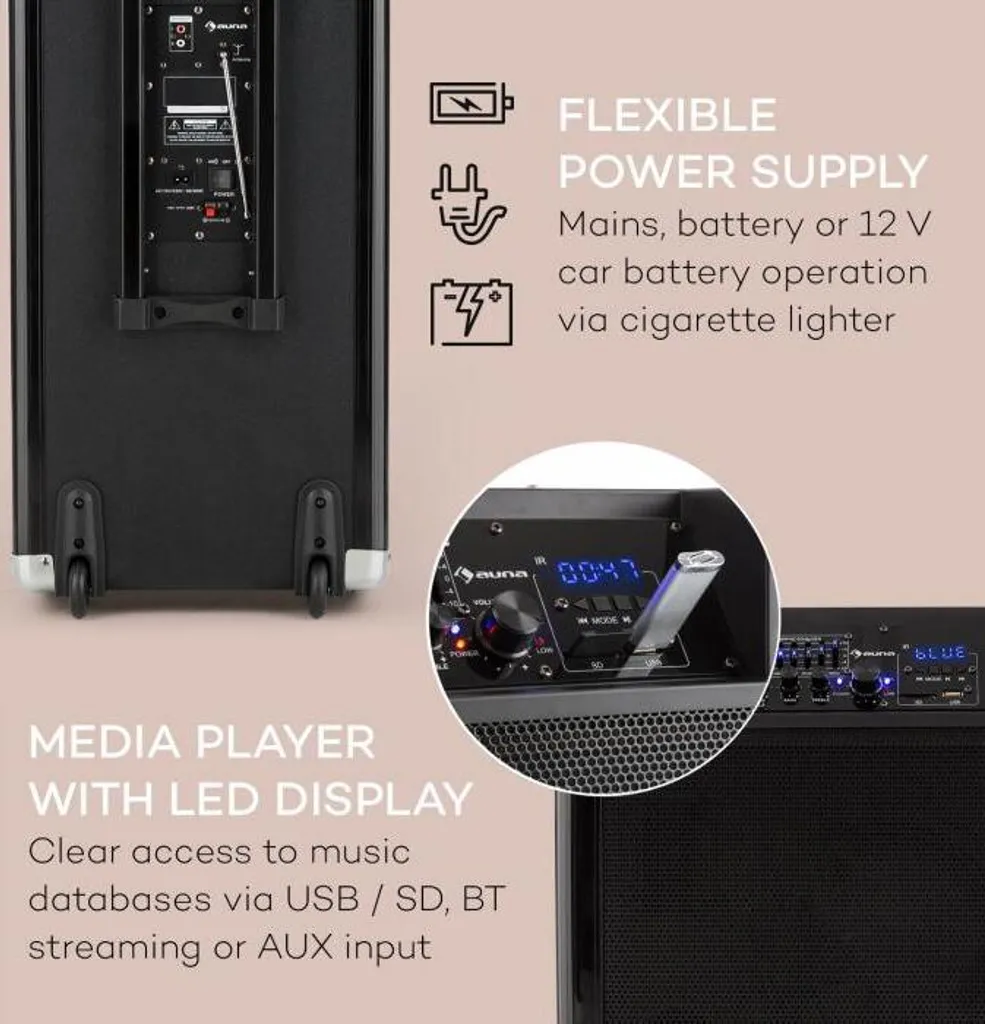 Moving 120 PA-Anlage 2x8" Woofer 60/200 Wmax. VHF-Mikro USB SD BT AUX Mobil – Bild 5