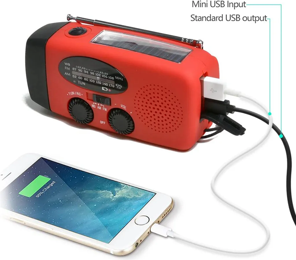 Solar Radio, Multifunktion Tragbares Outdoor Radio Kurbelradio Mit AM/FM Wetter Radio, Notfall SOS Alarm (Rot) – Bild 6