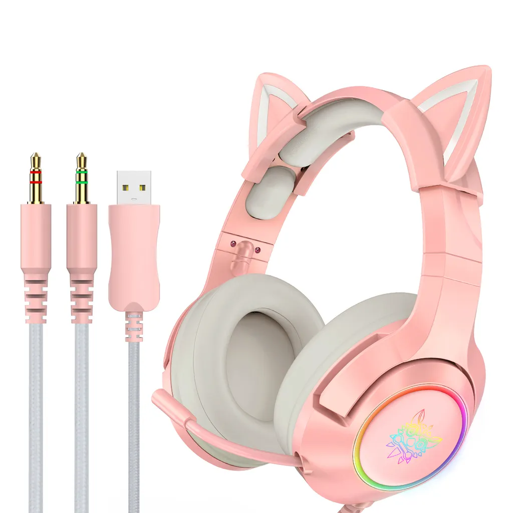 ONIKUMA K9 3,5 Mm Kabelgebundenes Gaming-Headset Abnehmbare Cat Ears-Kopfhoerer Rauschunterdrueckung E-Sports-Kopfhoerer Mit Mikrofon RGB-LED-Lautstaerkeregler Stummschaltung Fuer Desktop-PC