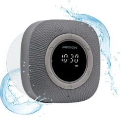 MEDION P66096 Duschradio Mit Bluetooth (Badradio, UKW Radio, Saugnapf, LED-Display, IPX6 Wasserdicht, Integrierter Akku) Grau
