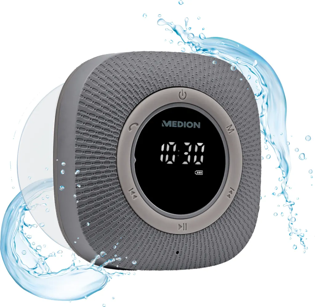 MEDION P66096 Duschradio Mit Bluetooth (Badradio, UKW Radio, Saugnapf, LED-Display, IPX6 Wasserdicht, Integrierter Akku) Grau